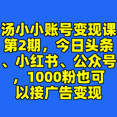 汤小小账号变现课第2期，今日头条、小红书、公众号，1000粉也可以接广告变现