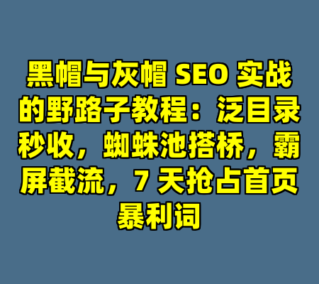 黑帽与灰帽 SEO 实战的野路子教程：泛目录秒收，蜘蛛池搭桥，霸屏截流，7 天抢占首页暴利词